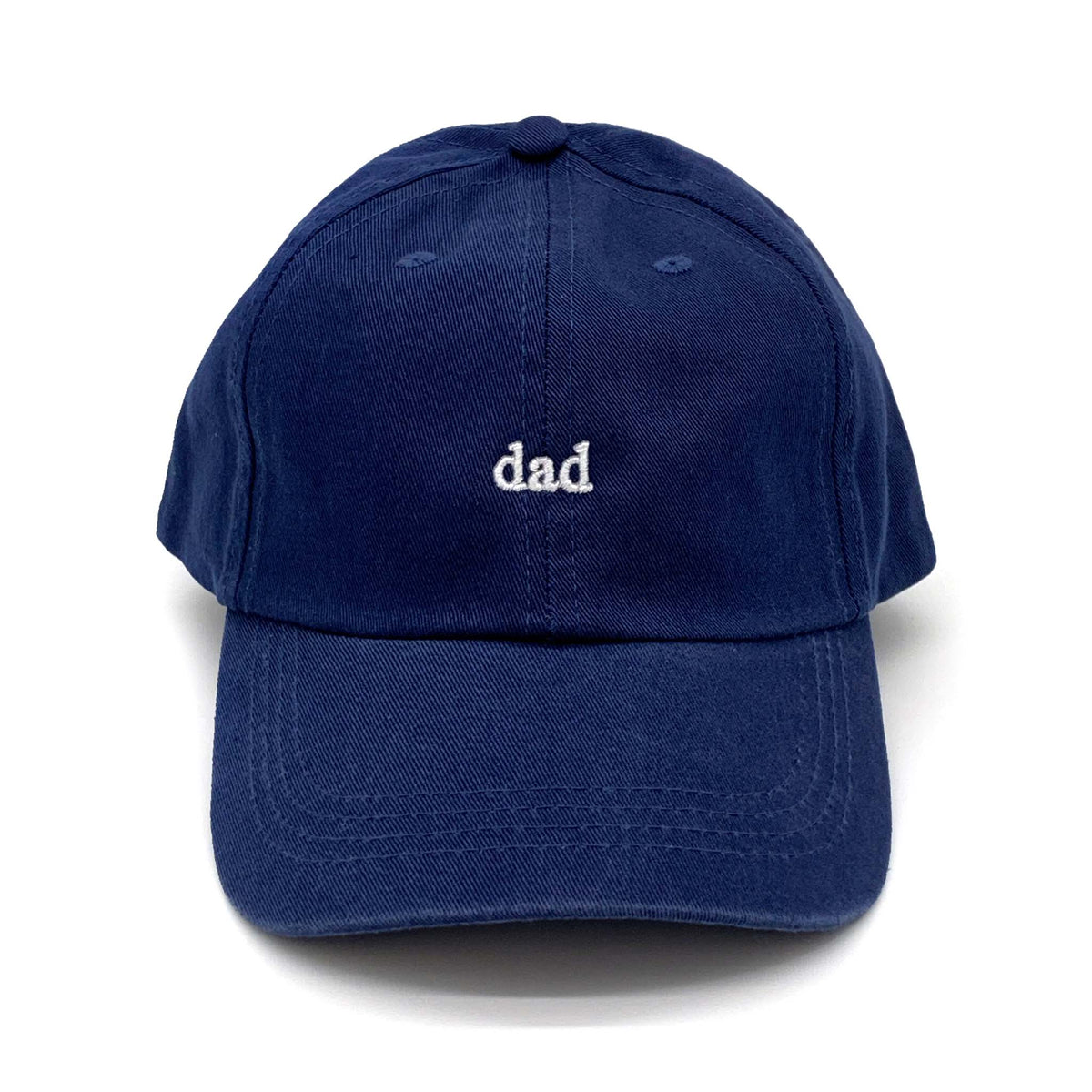 Navy cap with the word Dad embroidered in white thread. 