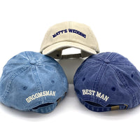 Load image into Gallery viewer, image showing three vintage canvas caps, with Matt&#39;s Wedding embroidered on the front and Groom embroidered on the back
