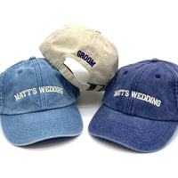 Load image into Gallery viewer, image showing three vintage canvas caps, with Matt&#39;s Wedding embroidered on the front and Groom embroidered on the back

